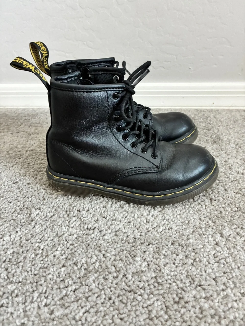 Dr. Martens Black Leather Lace-Up Ankle Boots with Yellow Stitching